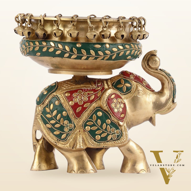Engraved Elephant brass urli with ghungroo inlay stonework