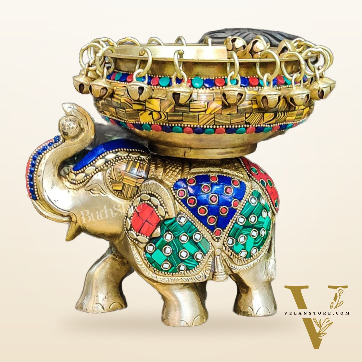 Engraved Elephant brass urli with ghungroo inlay stonework