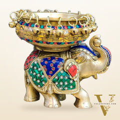 Engraved Elephant brass urli with ghungroo inlay stonework
