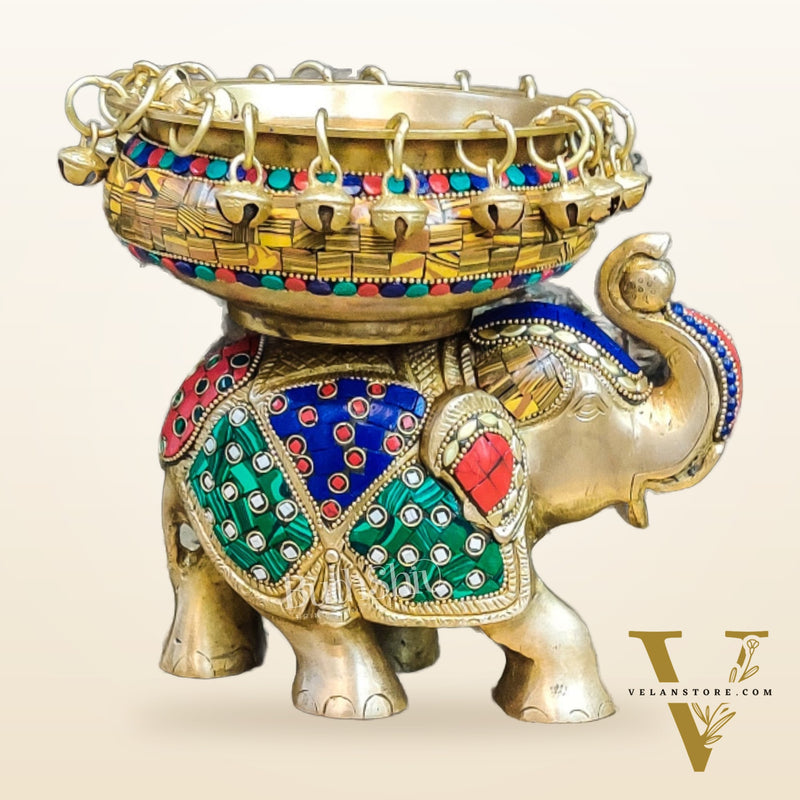 Engraved Elephant brass urli with ghungroo inlay stonework