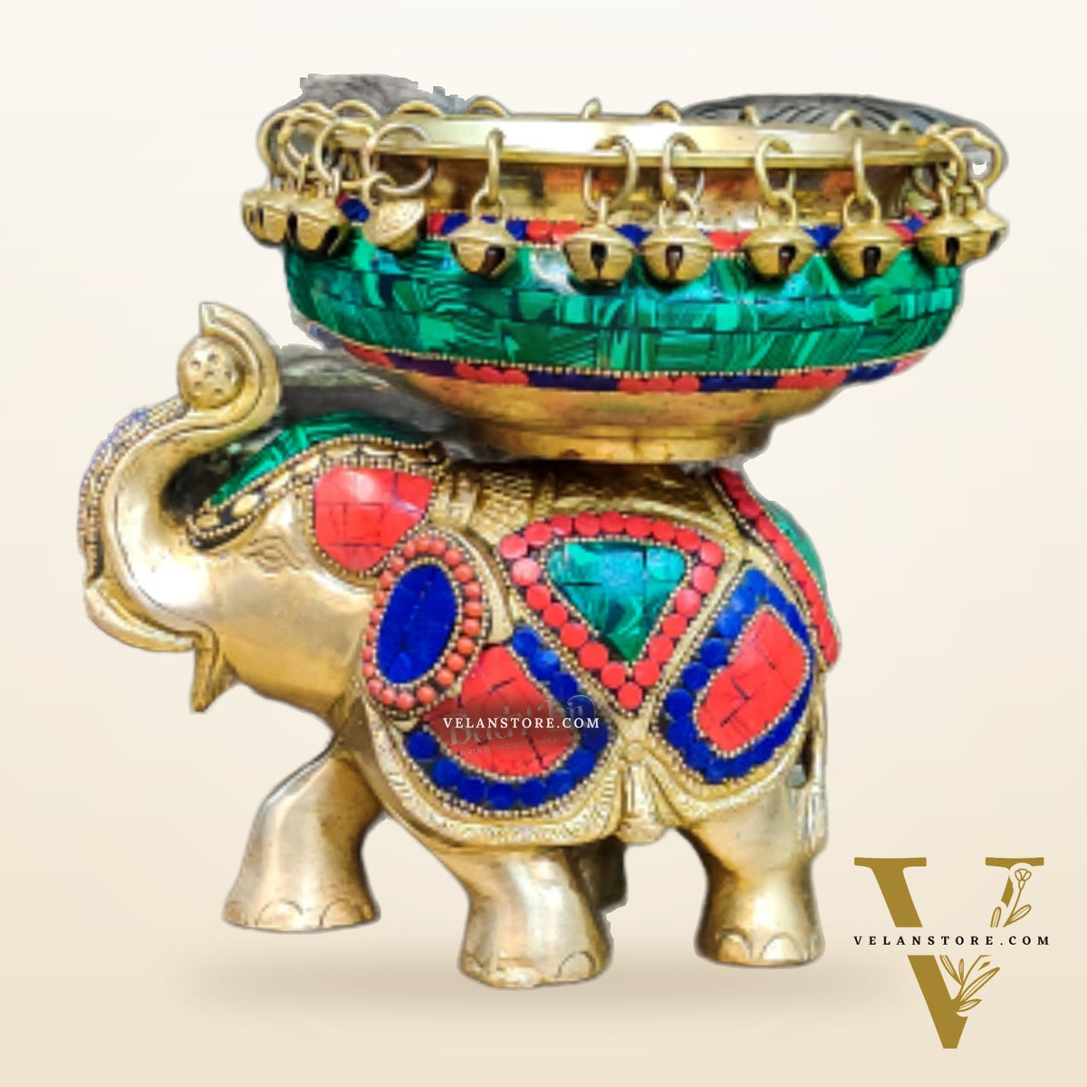 Engraved Elephant brass urli with ghungroo inlay stonework
