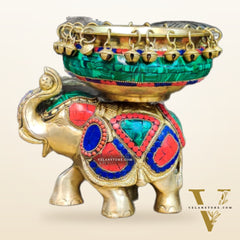 Engraved Elephant brass urli with ghungroo inlay stonework
