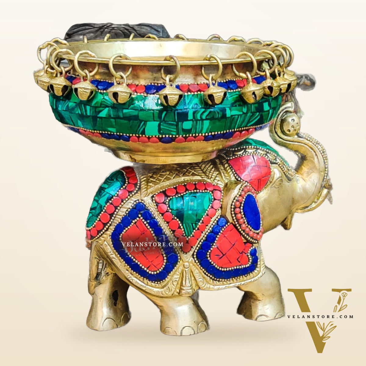 Engraved Elephant brass urli with ghungroo inlay stonework