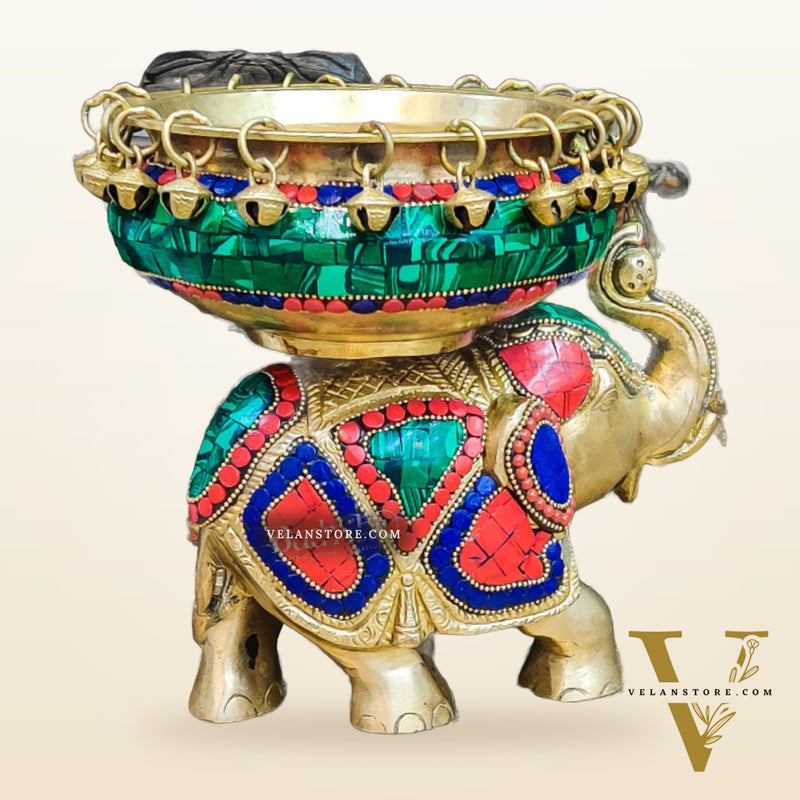 Engraved Elephant brass urli with ghungroo inlay stonework