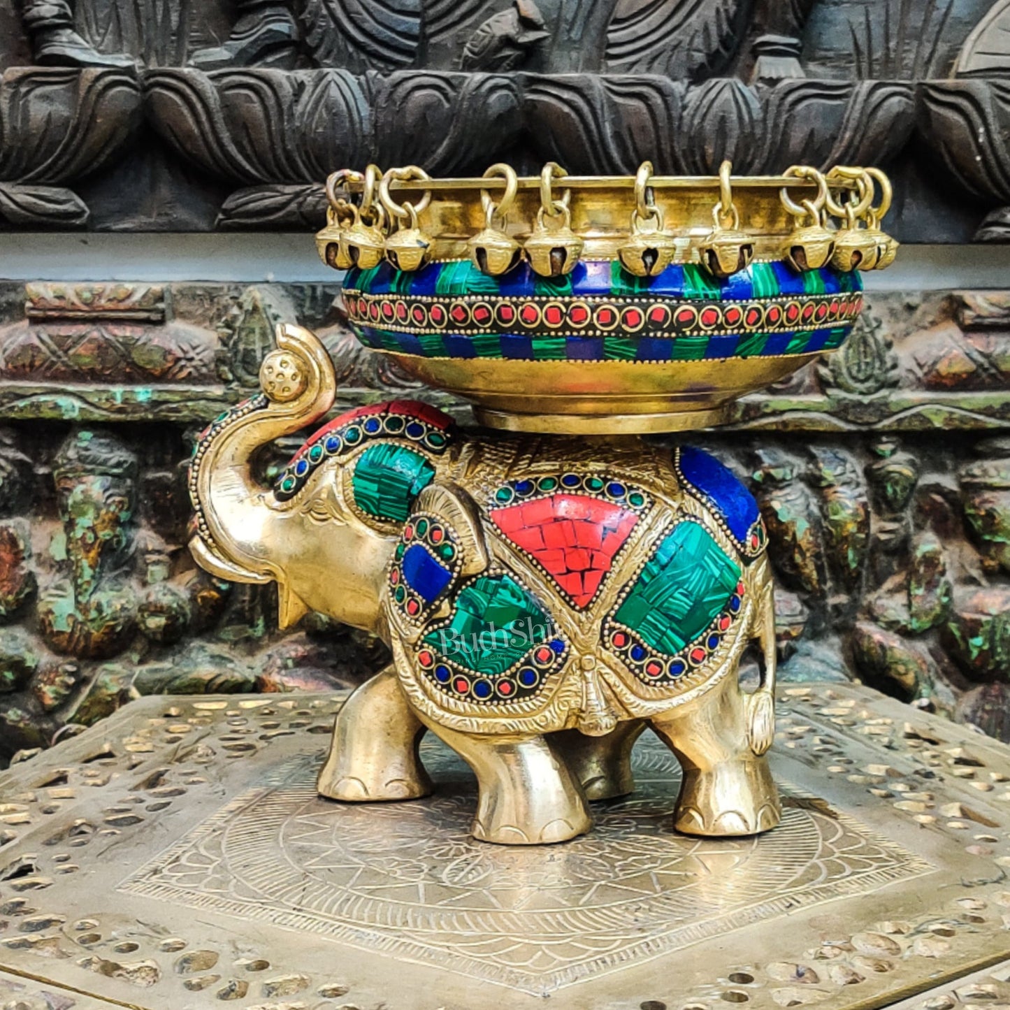 Engraved Elephant brass urli with ghungroo inlay stonework