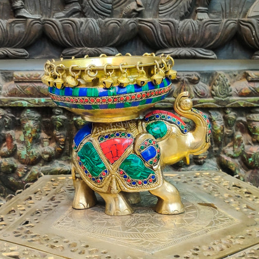 Engraved Elephant brass urli with ghungroo inlay stonework