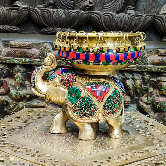 Engraved Elephant brass urli with ghungroo inlay stonework