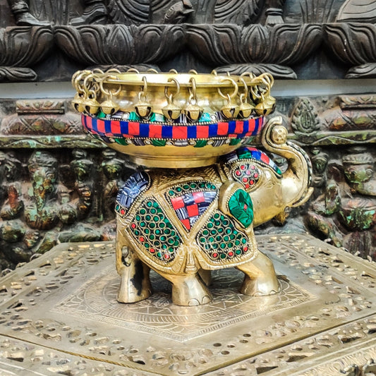 Engraved Elephant brass urli with ghungroo inlay stonework