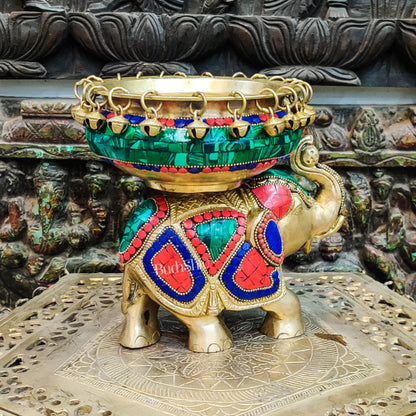 Engraved Elephant brass urli with ghungroo inlay stonework