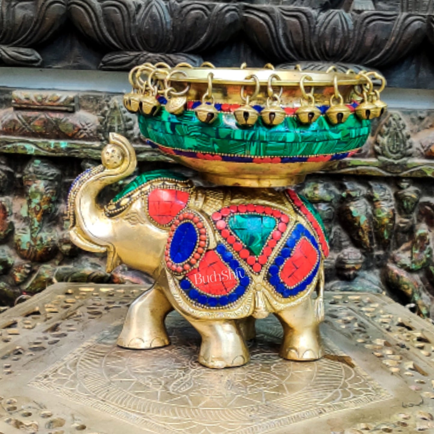 Engraved Elephant brass urli with ghungroo inlay stonework