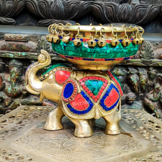 Engraved Elephant brass urli with ghungroo inlay stonework
