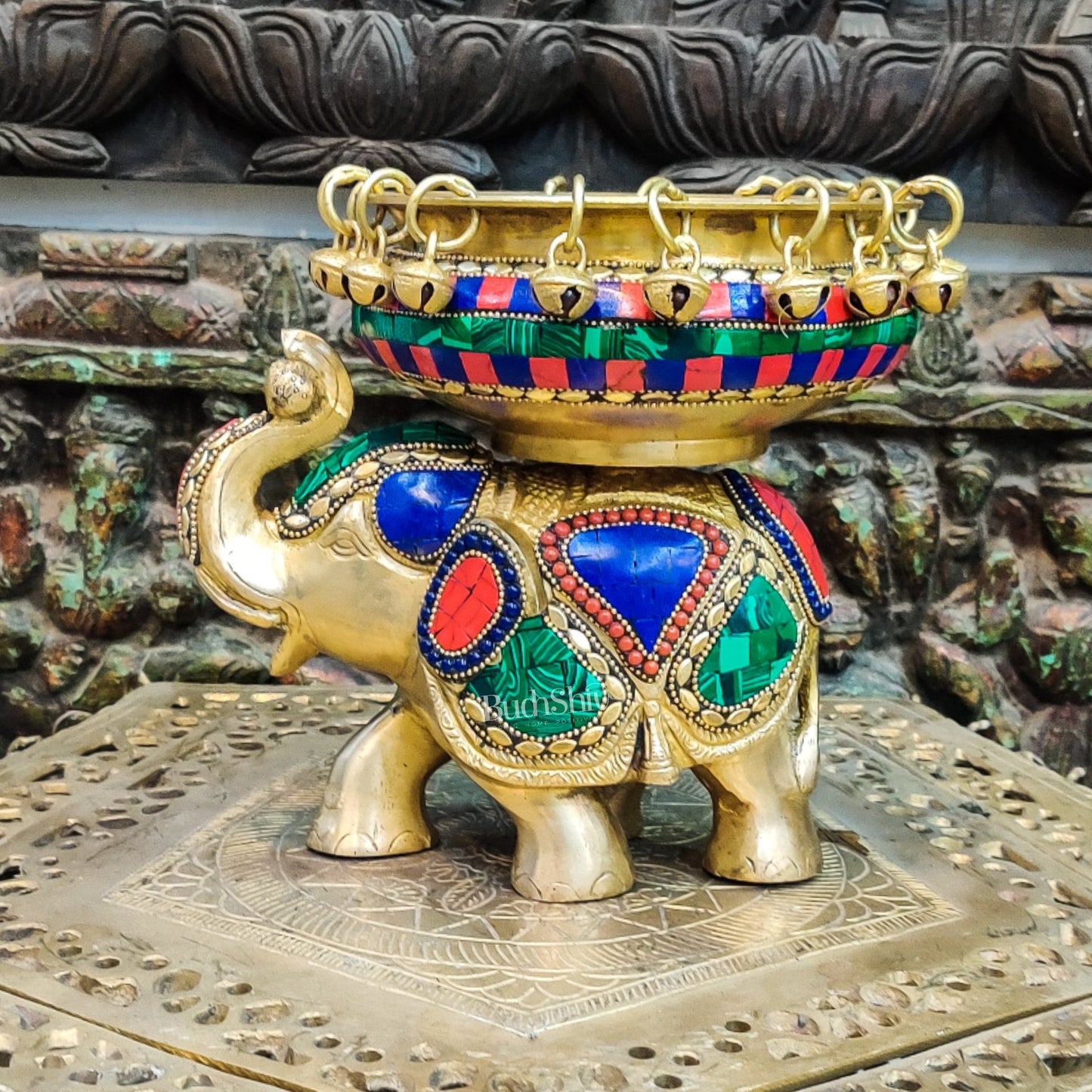 Engraved Elephant brass urli with ghungroo inlay stonework