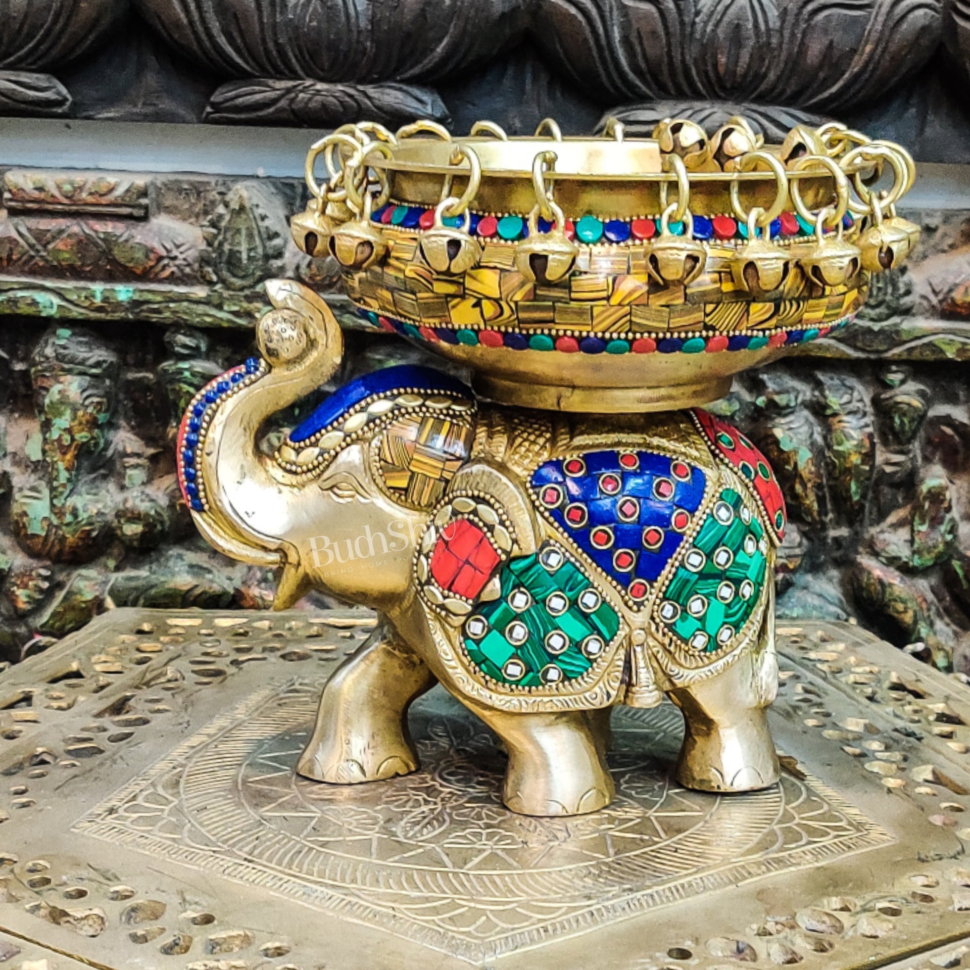 Engraved Elephant brass urli with ghungroo inlay stonework
