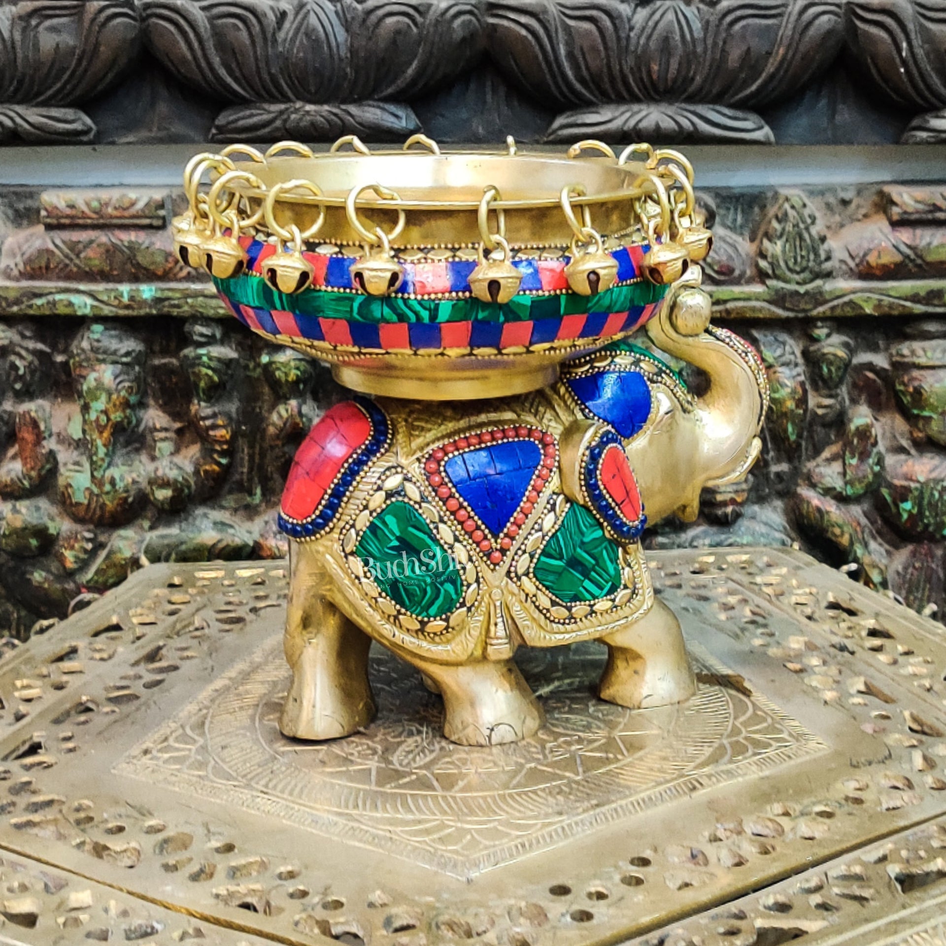 Engraved Elephant brass urli with ghungroo inlay stonework