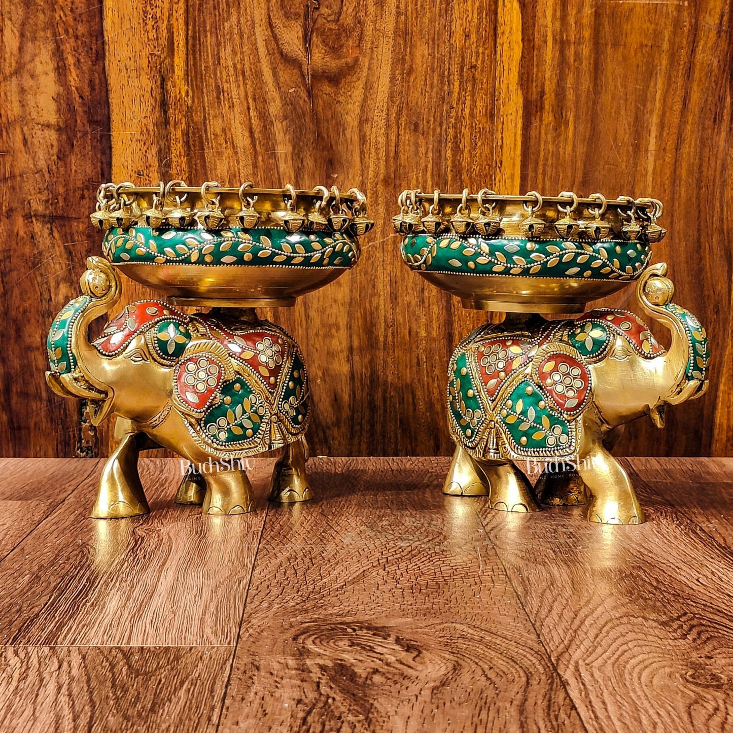 Engraved Elephant brass urli with ghungroo inlay stonework