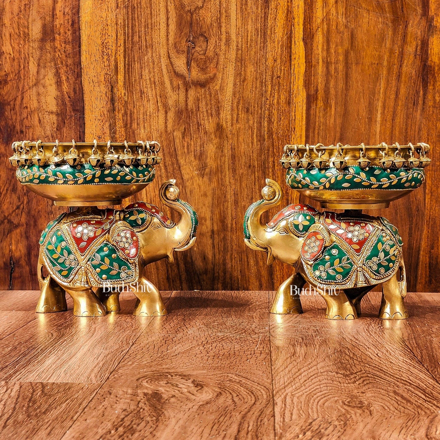 Engraved Elephant brass urli with ghungroo inlay stonework