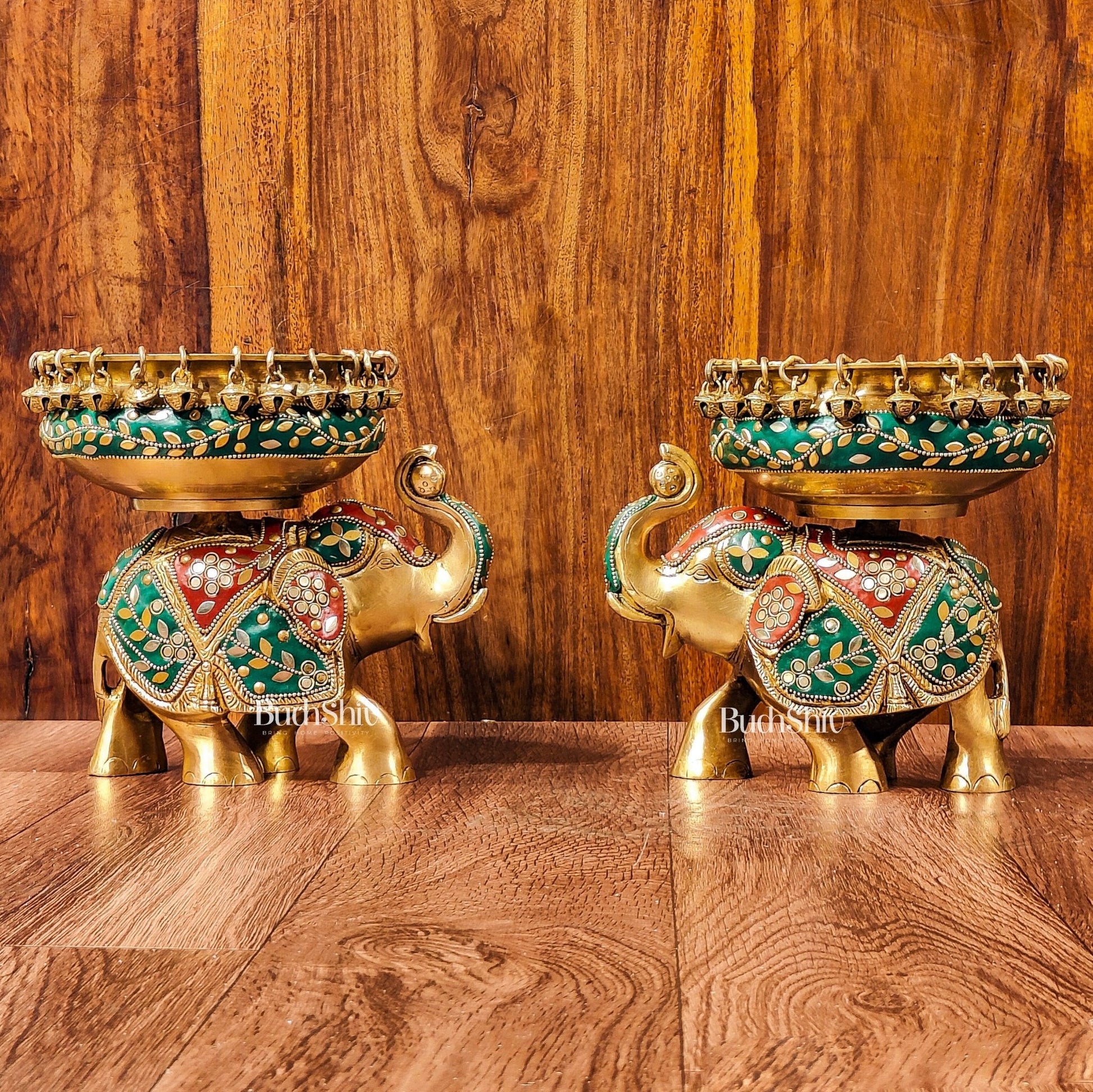 Engraved Elephant brass urli with ghungroo inlay stonework