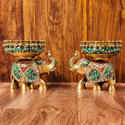 Engraved Elephant brass urli with ghungroo inlay stonework
