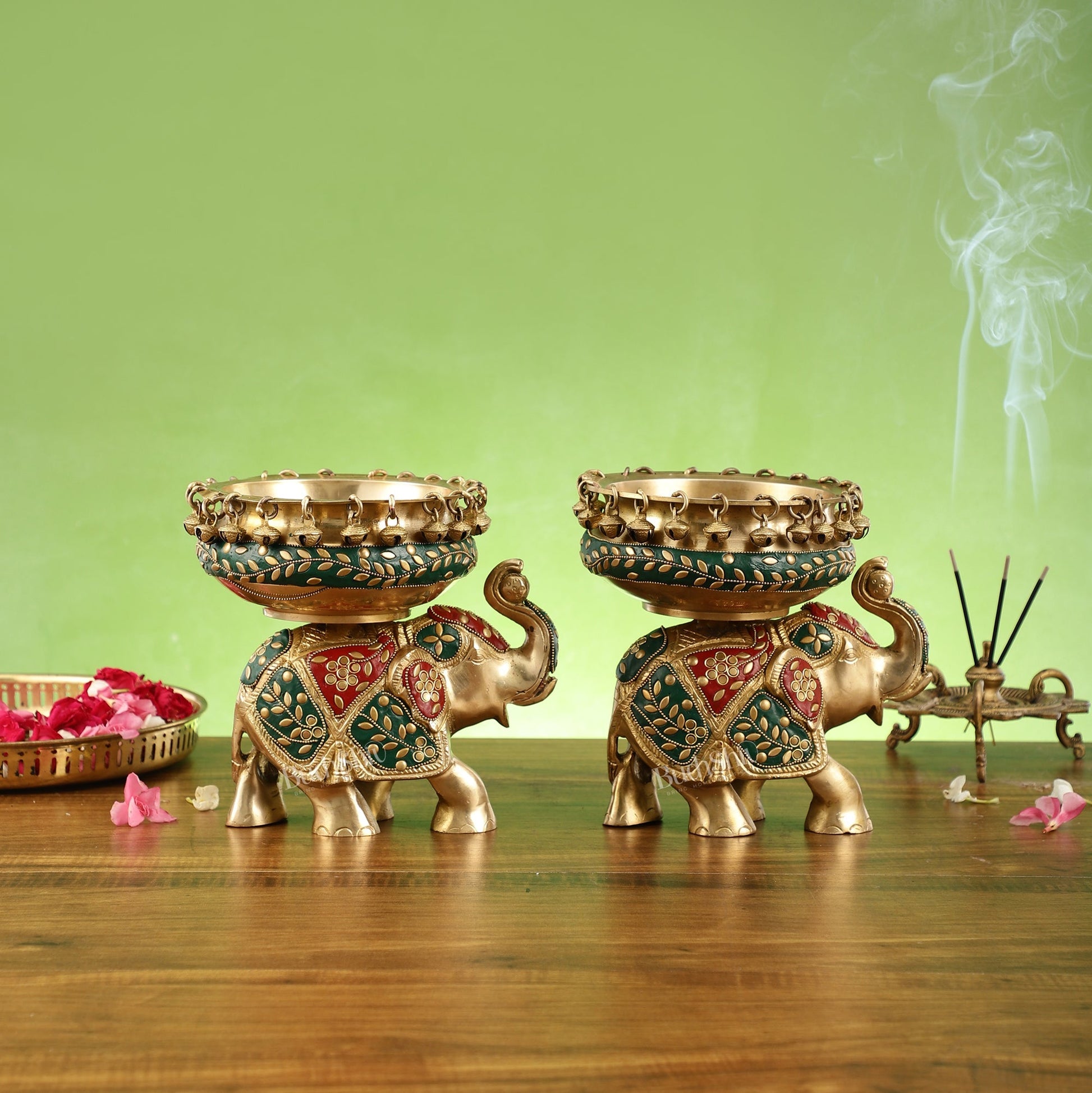 Engraved Elephant brass urli with ghungroo inlay stonework