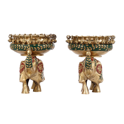 Engraved Elephant brass urli with ghungroo inlay stonework