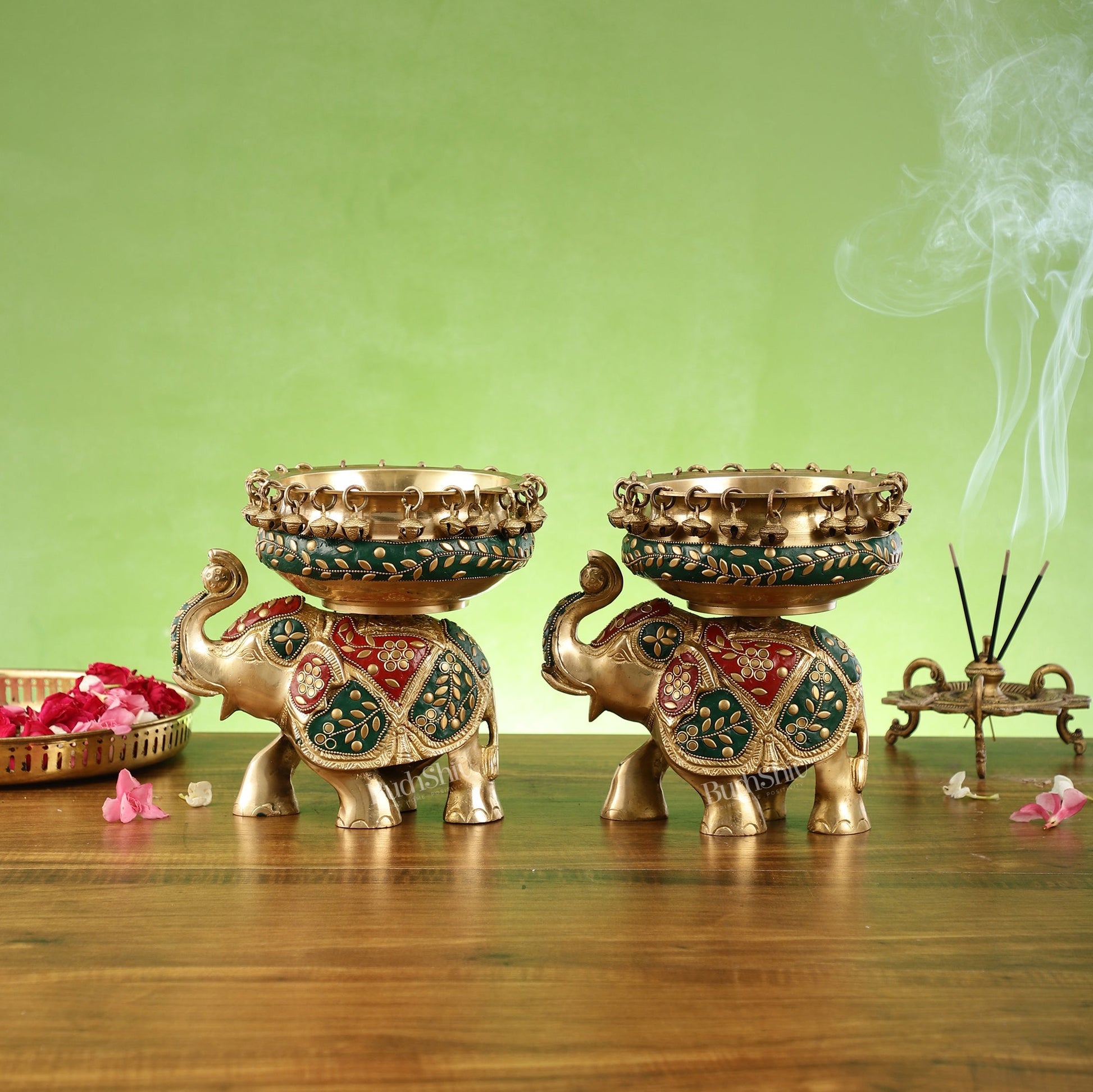 Engraved Elephant brass urli with ghungroo inlay stonework