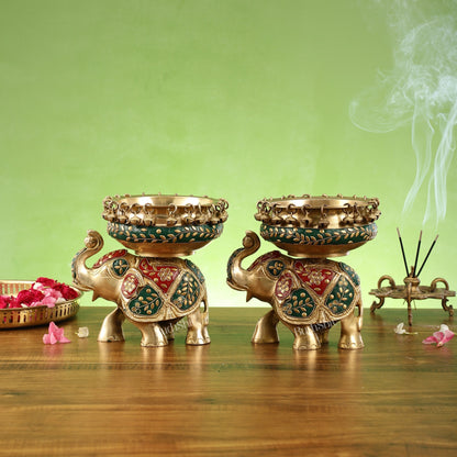 Engraved Elephant brass urli with ghungroo inlay stonework