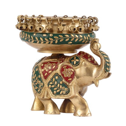 Engraved Elephant brass urli with ghungroo inlay stonework