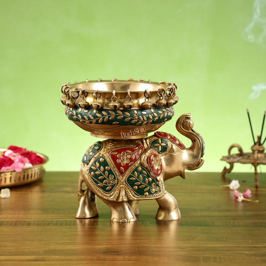 Engraved Elephant brass urli with ghungroo inlay stonework