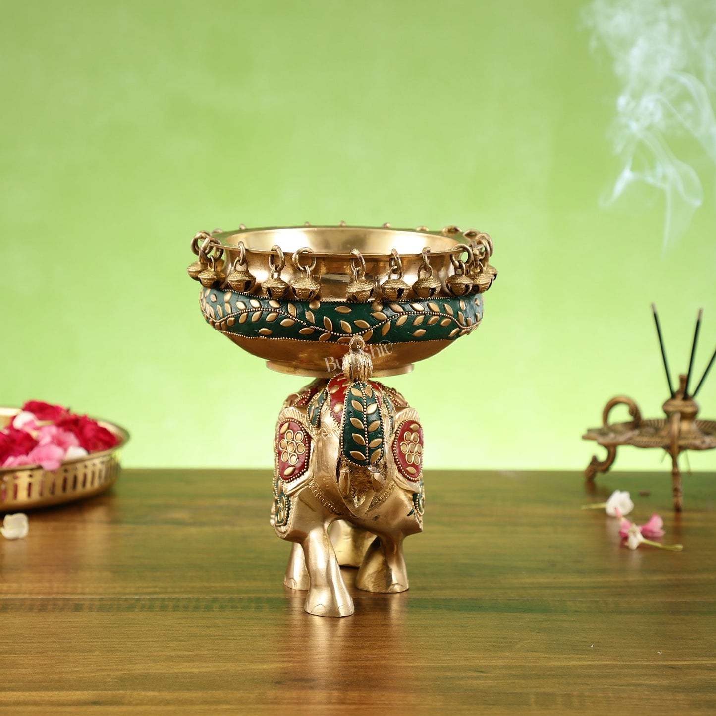 Engraved Elephant brass urli with ghungroo inlay stonework