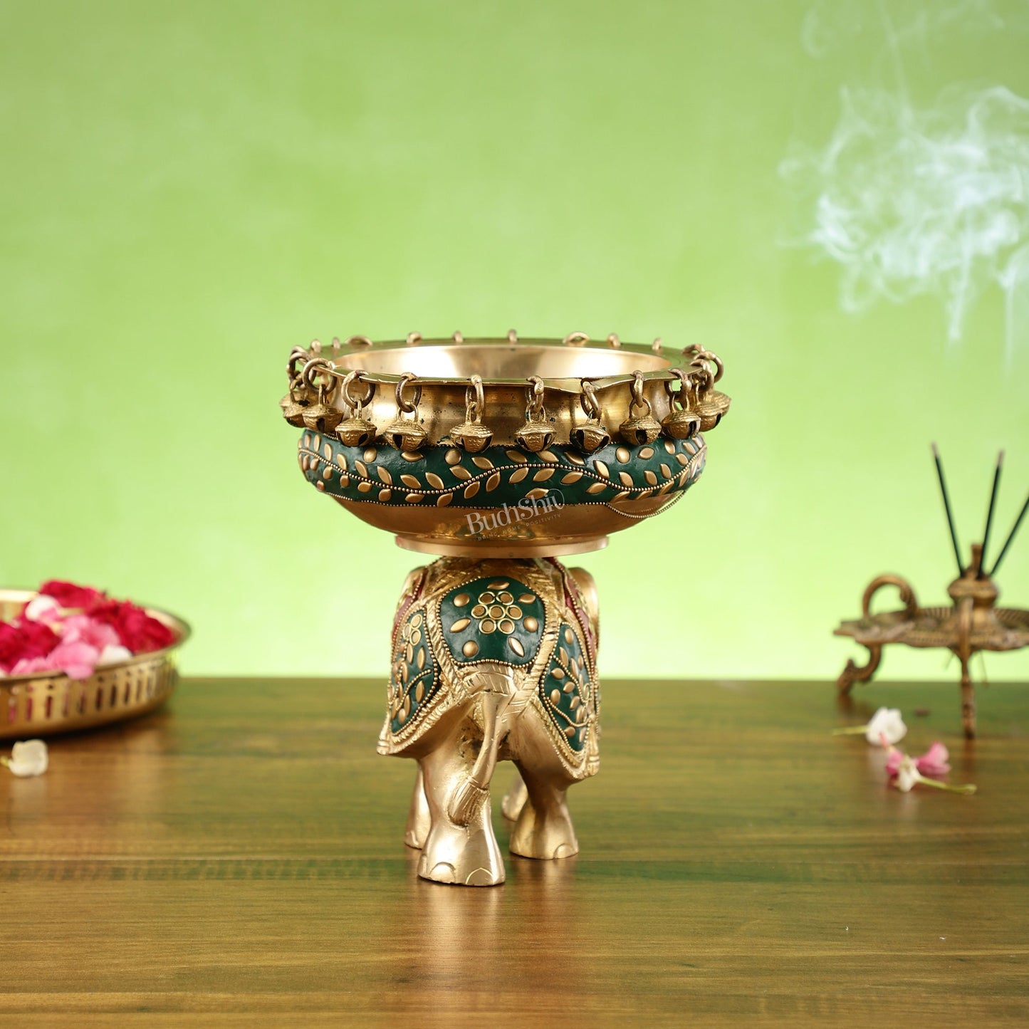 Engraved Elephant brass urli with ghungroo inlay stonework