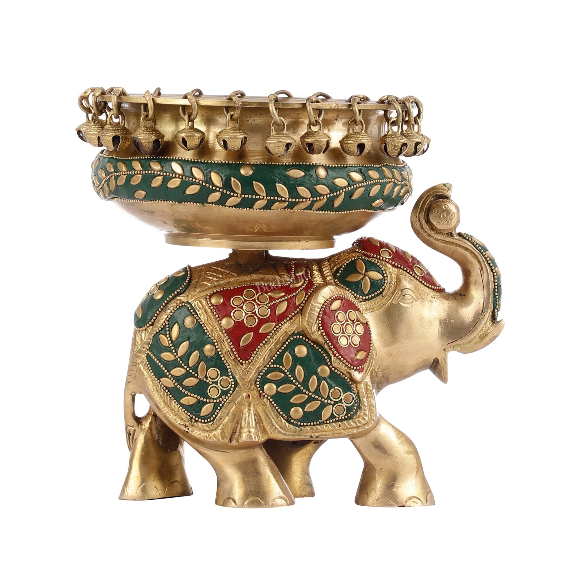 Engraved Elephant brass urli with ghungroo inlay stonework