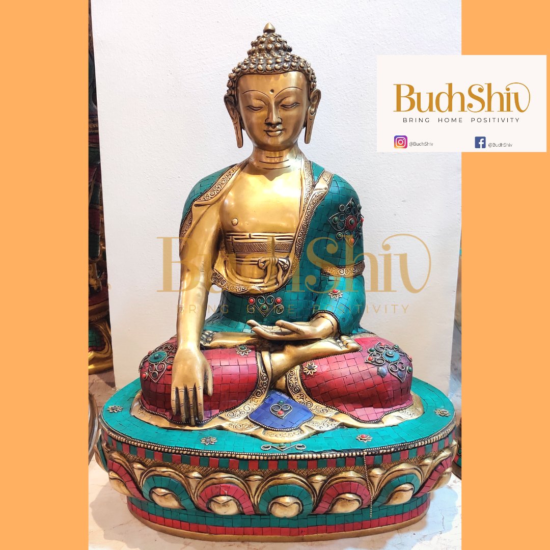 Enlightened Buddha: Brass Statue Calling the Earth to Witness 20 inch