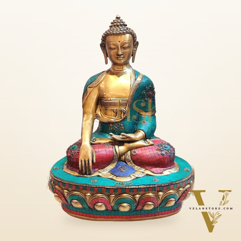 Enlightened Buddha: Brass Statue Calling the Earth to Witness 20 inch