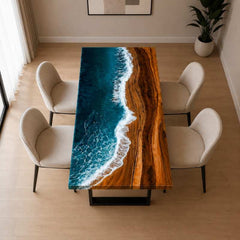 Live Edge Modern Ocean Beach Wave Epoxy Resin Dining Table with Black Metal Legs, Handmade Luxury Furniture Design, Custom Kitchen River Table