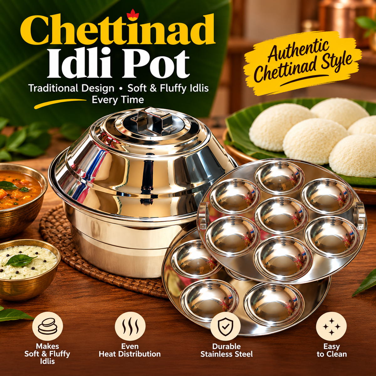 Vcookware Stainless Steel Chettinadu Idli Pot – Traditional Steamer for Soft & Fluffy Idlis