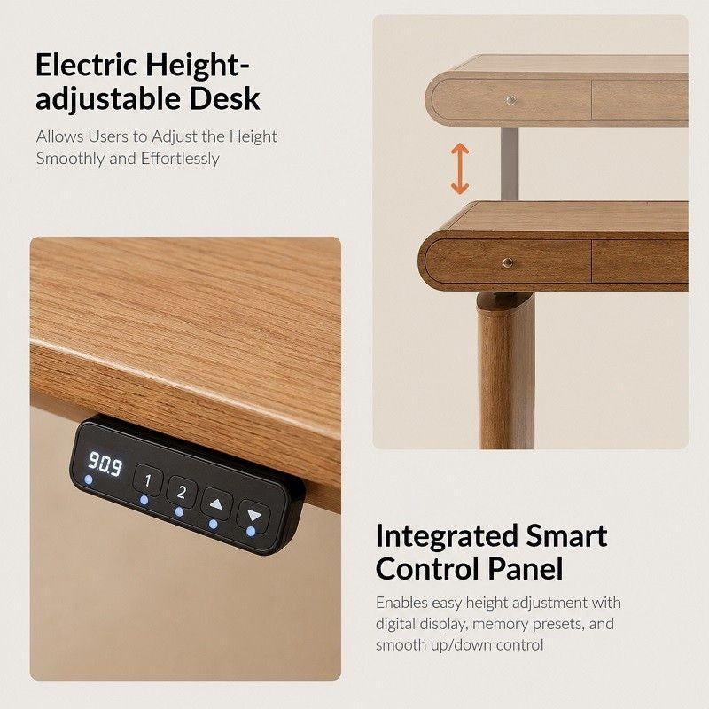 Mid-Century Modern Electric Standing Desk with Height Adjustment, Charging Port & Drawers