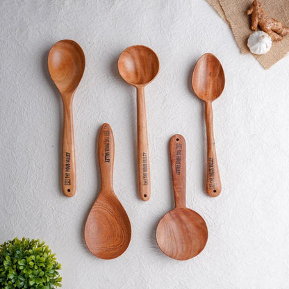 100% Natural Neem Wood Cooking & Serving Spoons/Spatula/Ladles, Set of 5, Toxin-free, Anti-microbial