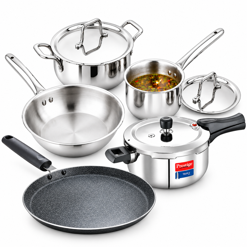 All-Triply Home Kitchen Combo | Prestige Svachh Triply 3.5 L Outer Lid Pressure Cooker + Praylady Triplus Triply 5 pc Cookware Set + Prestige Granite Non-Stick Dosa Tawa 30 cm-1