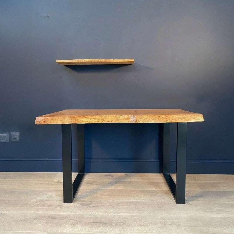 Live Edge Executive Desk with Floating Wall Shelf – Solid Wood Office Table (Natural Finish)