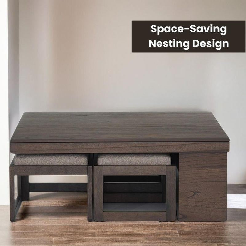 Nesting Expandable Sheesham Wood Coffee Table Set – 4-Stool Combo, Space-Saving Marvel for Modern Homes