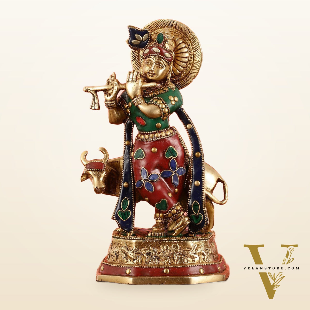 Exquisite 10-Inch Brass Krishna with Cow Stonework