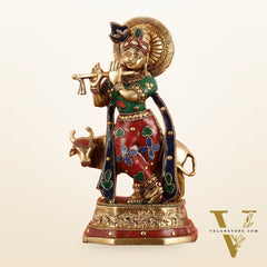 Exquisite 10-Inch Brass Krishna with Cow Stonework