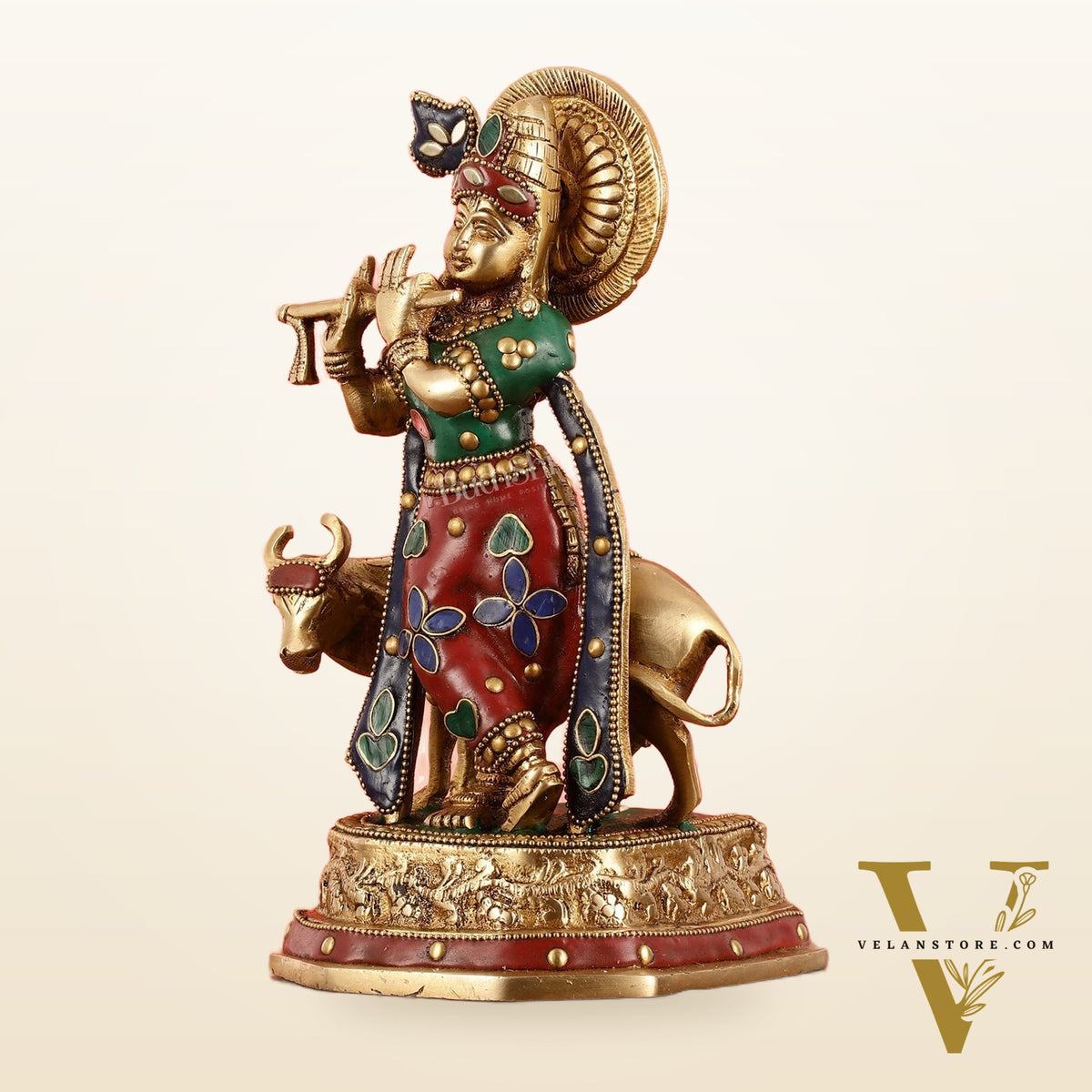 Exquisite 10-Inch Brass Krishna with Cow Stonework
