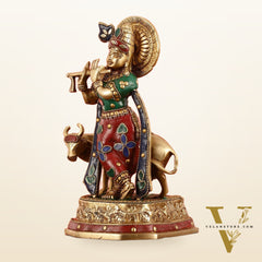 Exquisite 10-Inch Brass Krishna with Cow Stonework