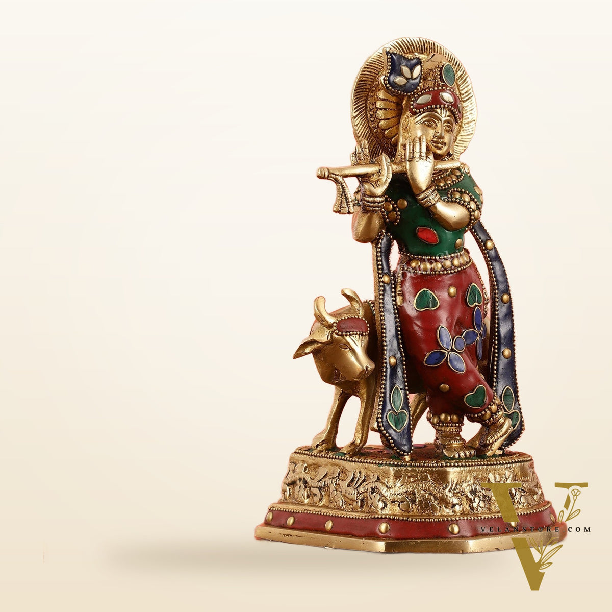Exquisite 10-Inch Brass Krishna with Cow Stonework