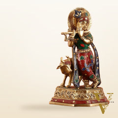 Exquisite 10-Inch Brass Krishna with Cow Stonework