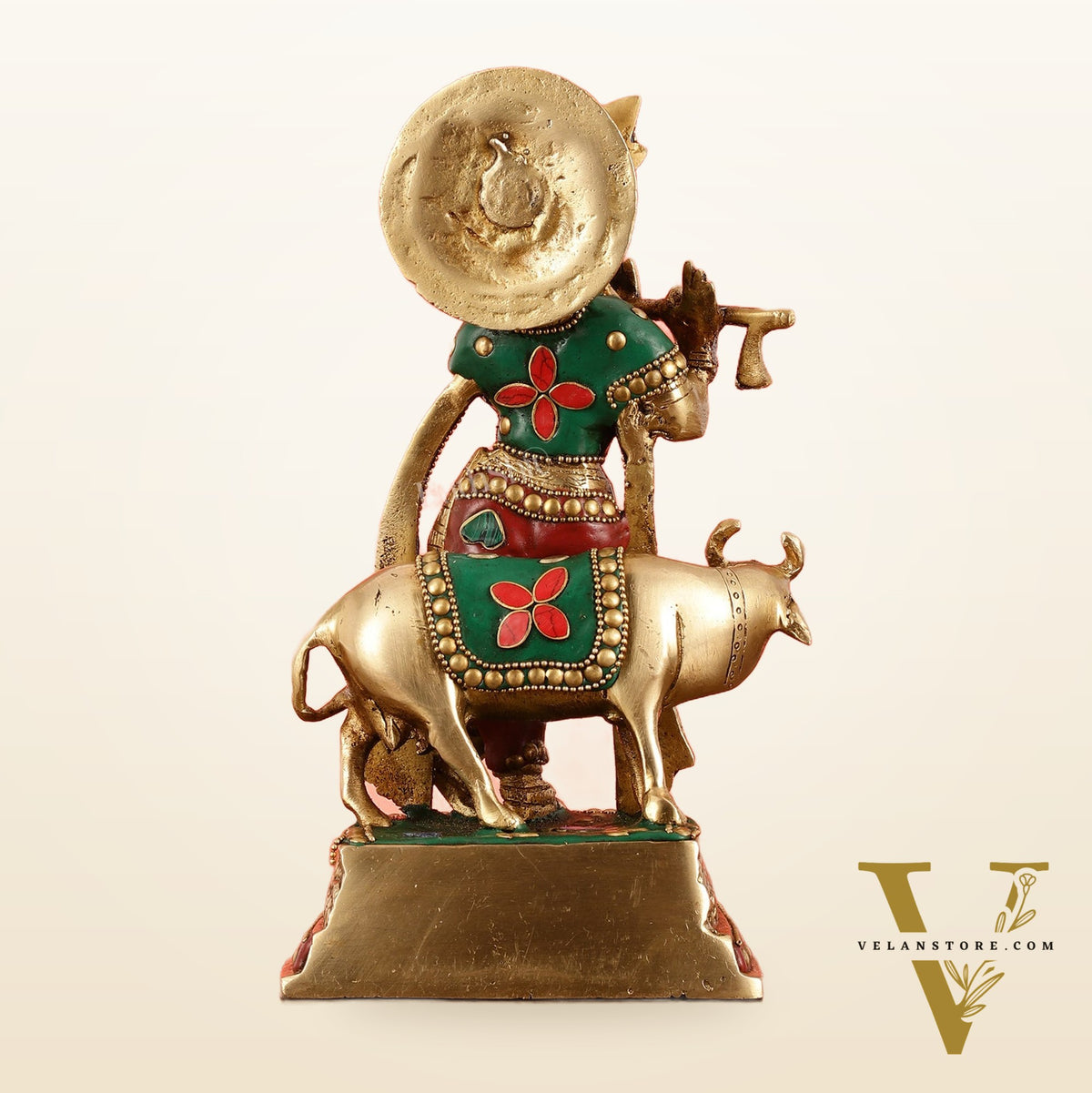Exquisite 10-Inch Brass Krishna with Cow Stonework