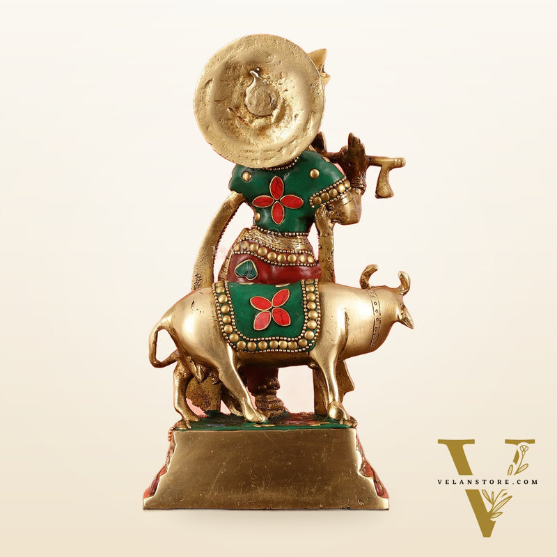 Exquisite 10-Inch Brass Krishna with Cow Stonework