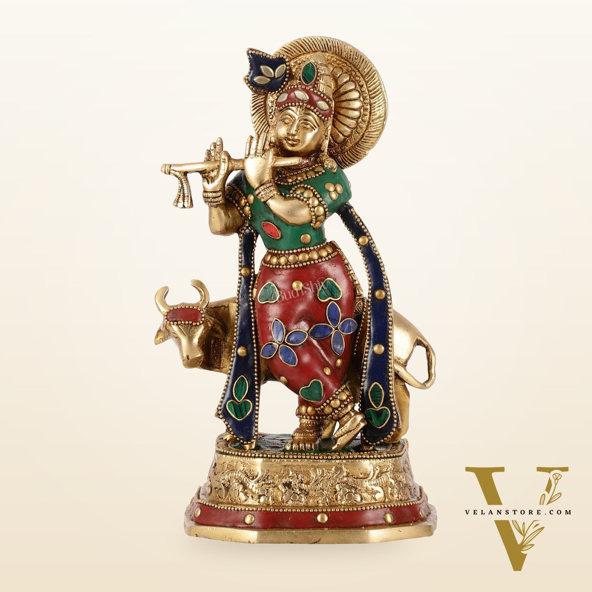 Exquisite 10-Inch Brass Krishna with Cow Stonework