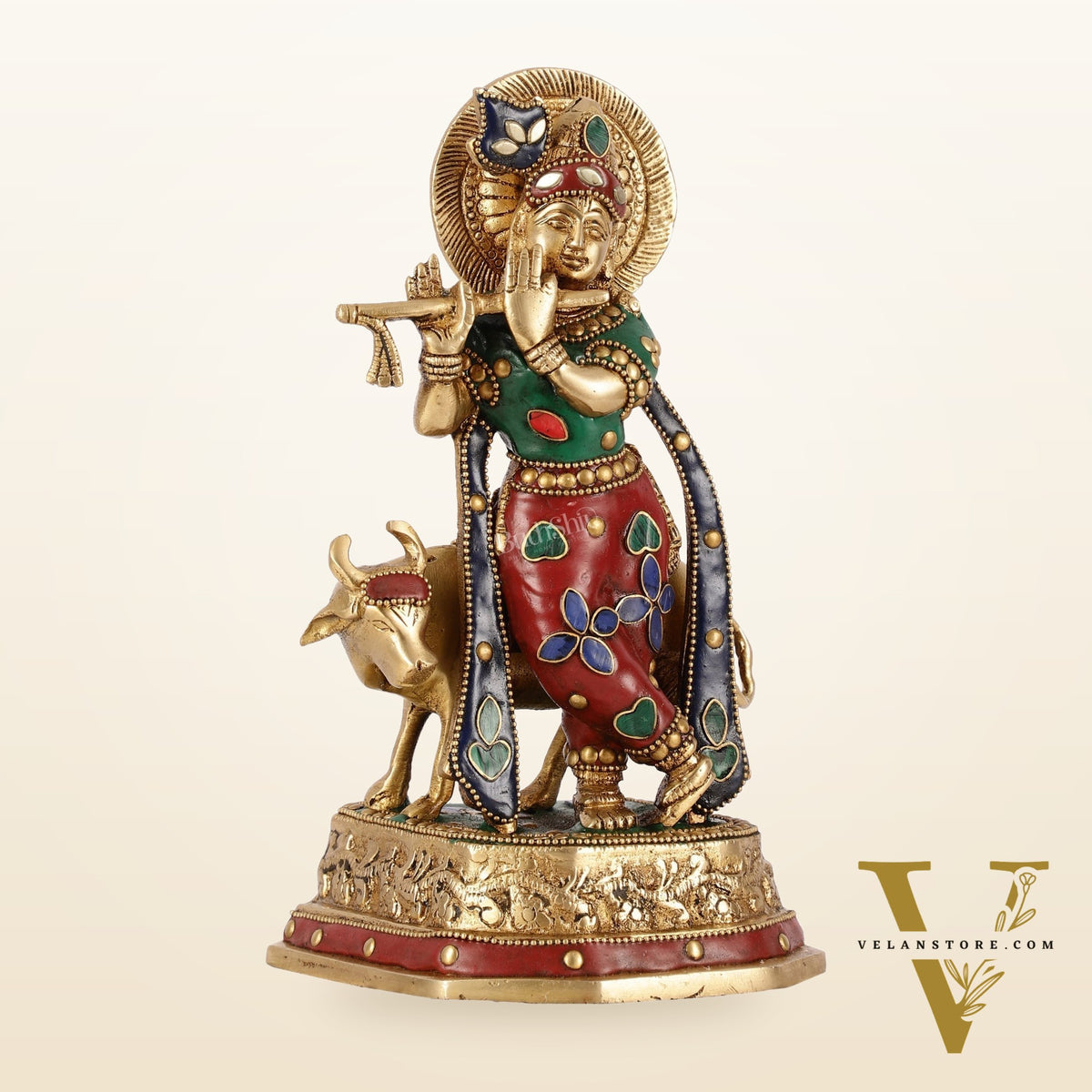 Exquisite 10-Inch Brass Krishna with Cow Stonework